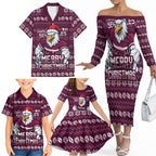 Personalized Sea Eagles Christmas Family Matching Off The Shoulder Long Sleeve Dress and Hawaiian Shirt Australian Rugby Fans - Pixelated Ugly Xmas Pattern Mascot Santa