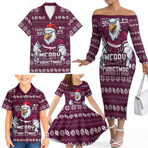 Personalized Sea Eagles Christmas Family Matching Off The Shoulder Long Sleeve Dress and Hawaiian Shirt Australian Rugby Fans - Pixelated Ugly Xmas Pattern Mascot Santa
