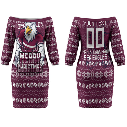 Personalized Sea Eagles Christmas Family Matching Off The Shoulder Long Sleeve Dress and Hawaiian Shirt Australian Rugby Fans - Pixelated Ugly Xmas Pattern Mascot Santa