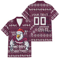 Personalized Sea Eagles Christmas Family Matching Off The Shoulder Long Sleeve Dress and Hawaiian Shirt Australian Rugby Fans - Pixelated Ugly Xmas Pattern Mascot Santa