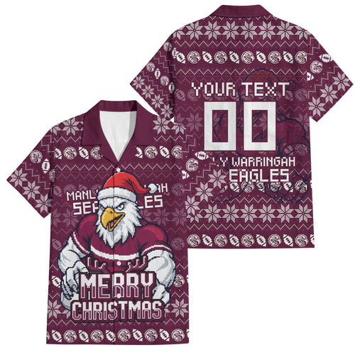 Personalized Sea Eagles Christmas Family Matching Off The Shoulder Long Sleeve Dress and Hawaiian Shirt Australian Rugby Fans - Pixelated Ugly Xmas Pattern Mascot Santa