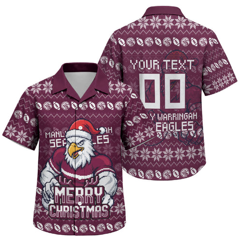 Personalized Sea Eagles Christmas Family Matching Off The Shoulder Long Sleeve Dress and Hawaiian Shirt Australian Rugby Fans - Pixelated Ugly Xmas Pattern Mascot Santa