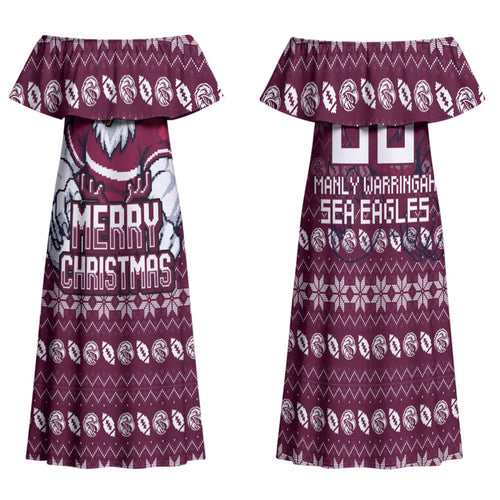 Personalized Sea Eagles Christmas Family Matching Off Shoulder Maxi Dress and Hawaiian Shirt Australian Rugby Fans - Pixelated Ugly Xmas Pattern Mascot Santa