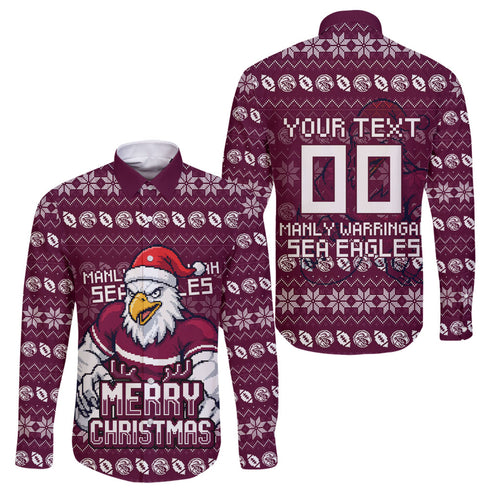 Personalized Sea Eagles Christmas Family Matching Off Shoulder Maxi Dress and Hawaiian Shirt Australian Rugby Fans - Pixelated Ugly Xmas Pattern Mascot Santa