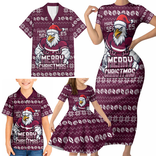 Personalized Sea Eagles Christmas Family Matching Short Sleeve Bodycon Dress and Hawaiian Shirt Australian Rugby Fans - Pixelated Ugly Xmas Pattern Mascot Santa