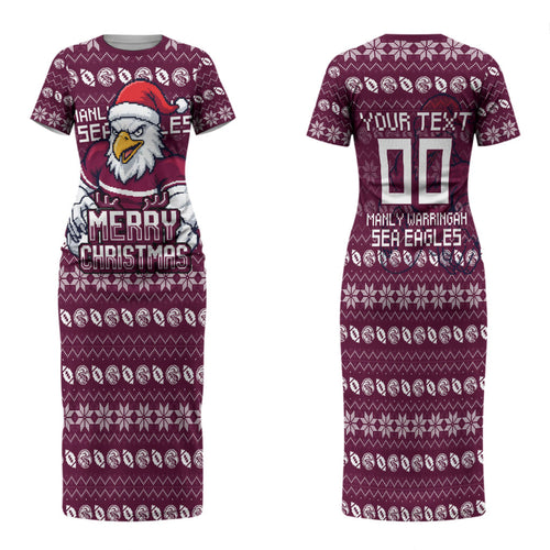 Personalized Sea Eagles Christmas Family Matching Short Sleeve Bodycon Dress and Hawaiian Shirt Australian Rugby Fans - Pixelated Ugly Xmas Pattern Mascot Santa
