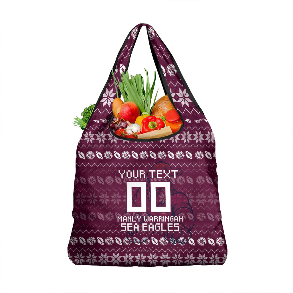 Personalized Sea Eagles Christmas Grocery Bag Australian Rugby Fans - Pixelated Ugly Xmas Pattern Mascot Santa