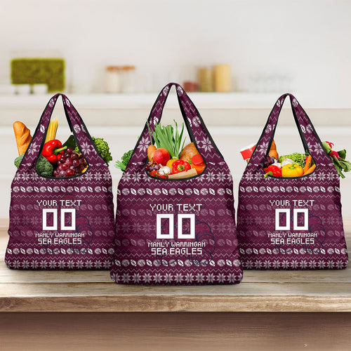 Personalized Sea Eagles Christmas Grocery Bag Australian Rugby Fans - Pixelated Ugly Xmas Pattern Mascot Santa