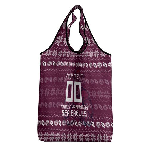 Personalized Sea Eagles Christmas Grocery Bag Australian Rugby Fans - Pixelated Ugly Xmas Pattern Mascot Santa