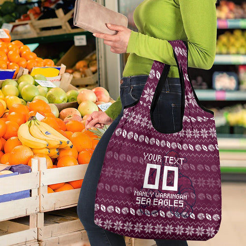Personalized Sea Eagles Christmas Grocery Bag Australian Rugby Fans - Pixelated Ugly Xmas Pattern Mascot Santa