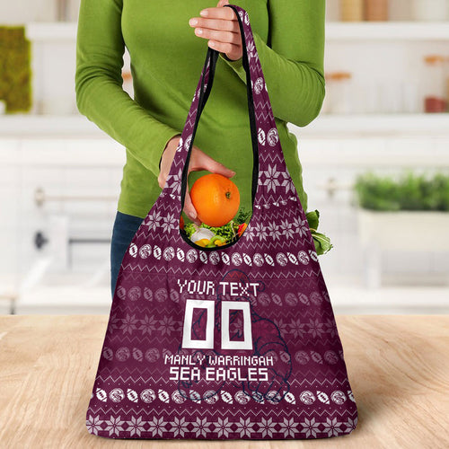 Personalized Sea Eagles Christmas Grocery Bag Australian Rugby Fans - Pixelated Ugly Xmas Pattern Mascot Santa