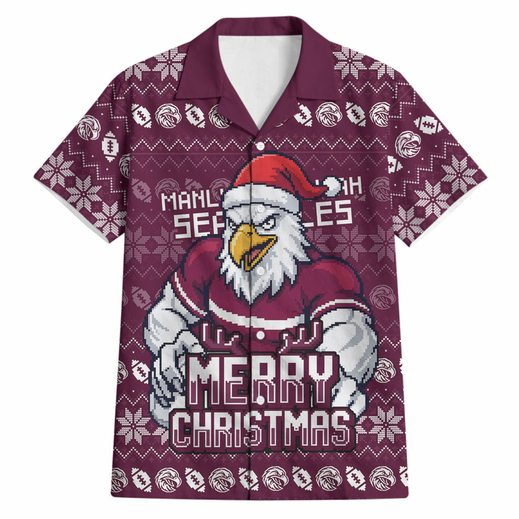 Personalized Sea Eagles Christmas Hawaiian Shirt Australian Rugby Fans - Pixelated Ugly Xmas Pattern Mascot Santa
