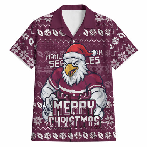 Personalized Sea Eagles Christmas Hawaiian Shirt Australian Rugby Fans - Pixelated Ugly Xmas Pattern Mascot Santa