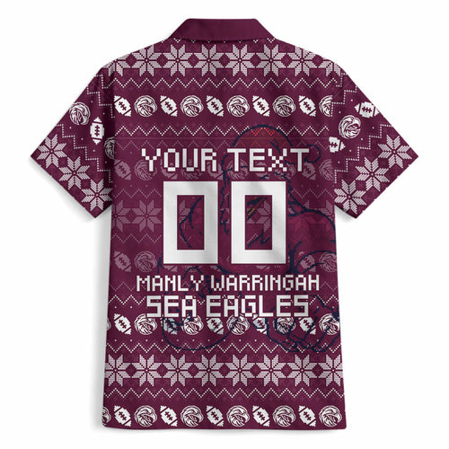 Personalized Sea Eagles Christmas Hawaiian Shirt Australian Rugby Fans - Pixelated Ugly Xmas Pattern Mascot Santa