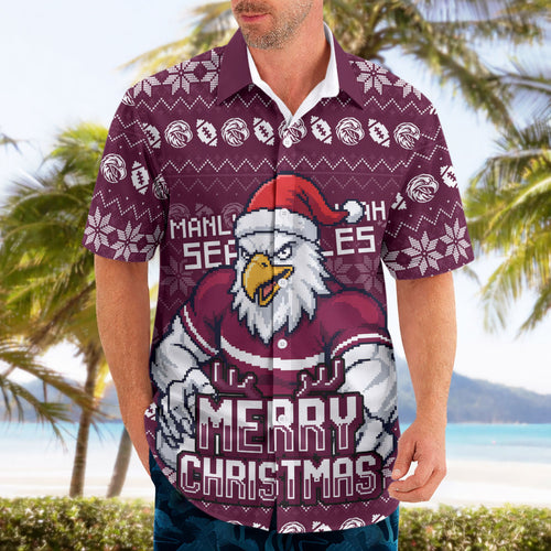 Personalized Sea Eagles Christmas Hawaiian Shirt Australian Rugby Fans - Pixelated Ugly Xmas Pattern Mascot Santa