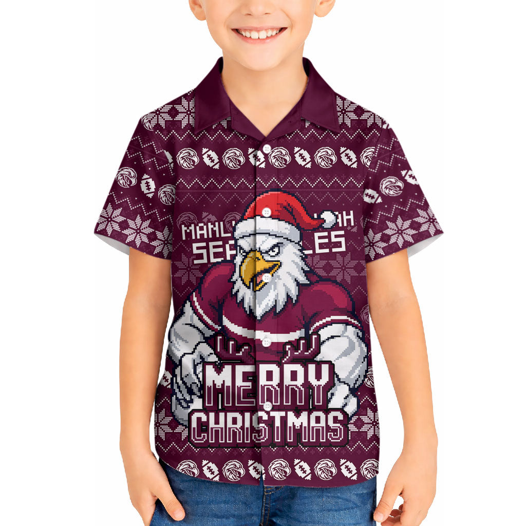 Personalized Sea Eagles Christmas Hawaiian Shirt Australian Rugby Fans - Pixelated Ugly Xmas Pattern Mascot Santa