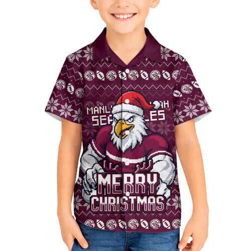 Personalized Sea Eagles Christmas Hawaiian Shirt Australian Rugby Fans - Pixelated Ugly Xmas Pattern Mascot Santa