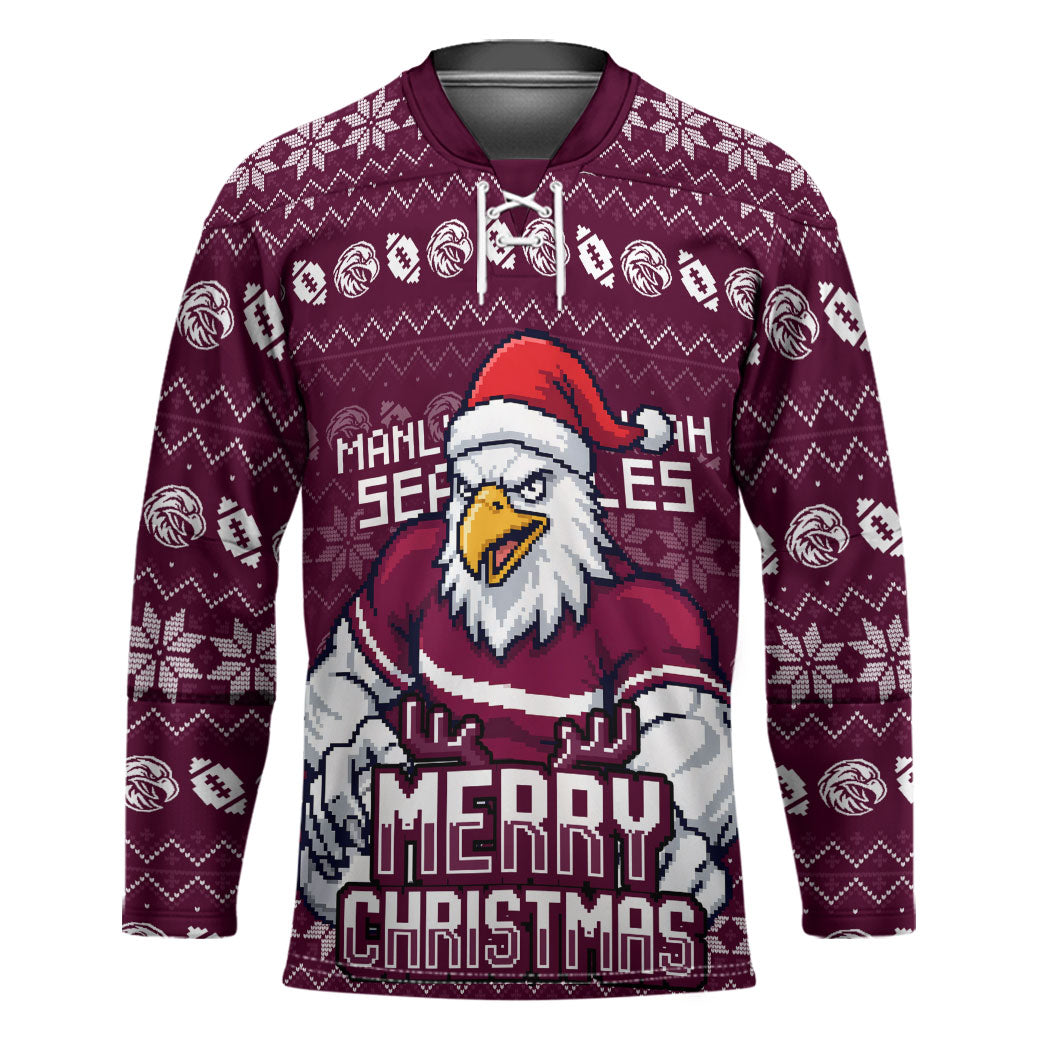 Personalized Sea Eagles Christmas Hockey Jersey Australian Rugby Fans - Pixelated Ugly Xmas Pattern Mascot Santa