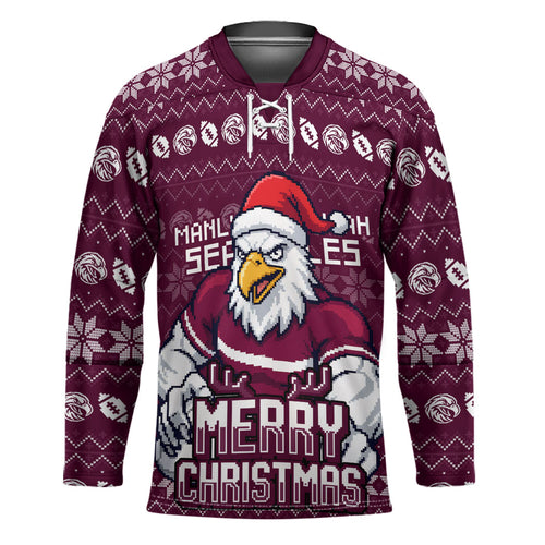 Personalized Sea Eagles Christmas Hockey Jersey Australian Rugby Fans - Pixelated Ugly Xmas Pattern Mascot Santa
