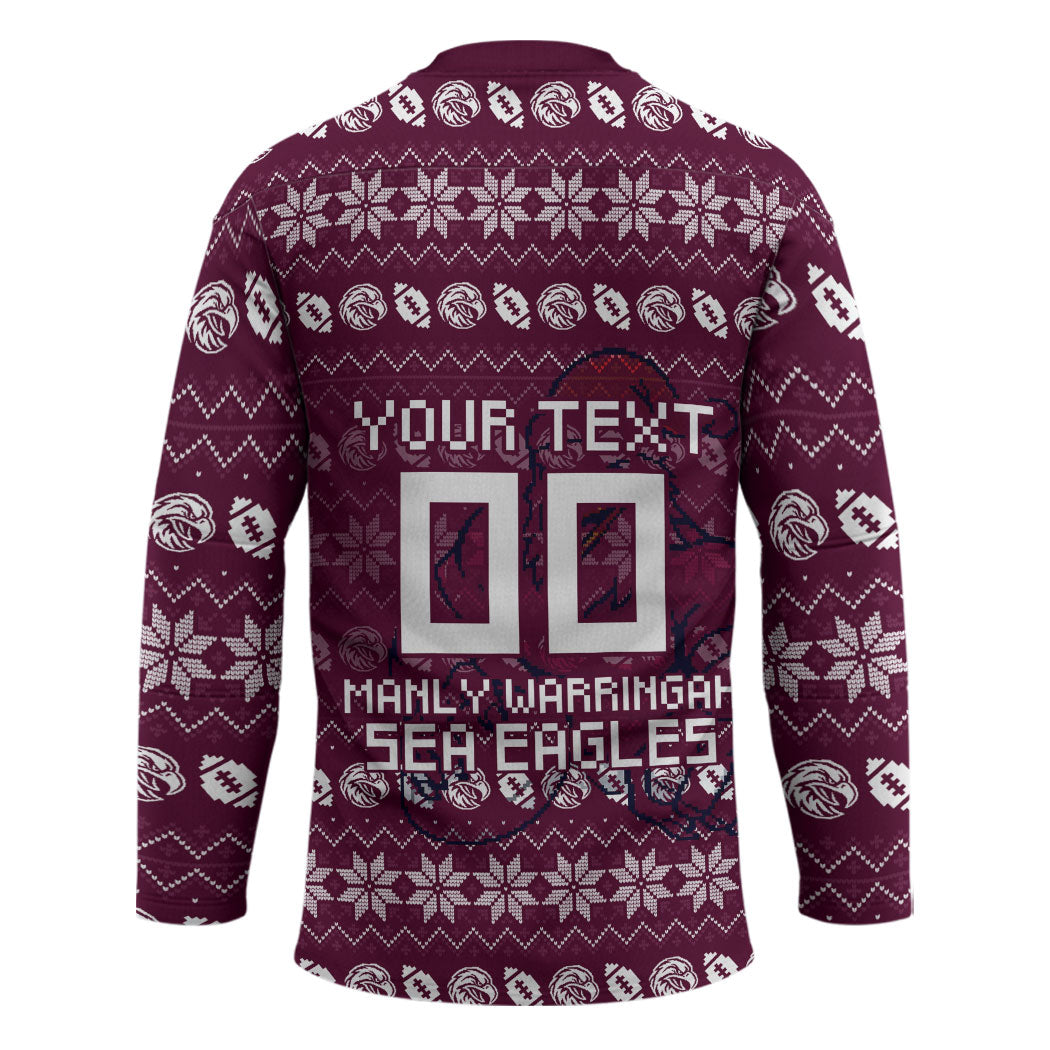 Personalized Sea Eagles Christmas Hockey Jersey Australian Rugby Fans - Pixelated Ugly Xmas Pattern Mascot Santa