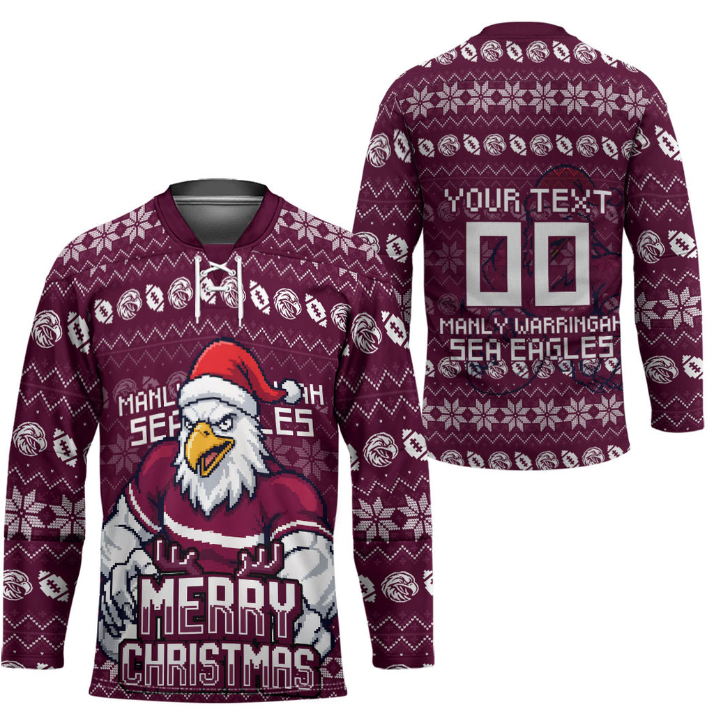 Personalized Sea Eagles Christmas Hockey Jersey Australian Rugby Fans - Pixelated Ugly Xmas Pattern Mascot Santa