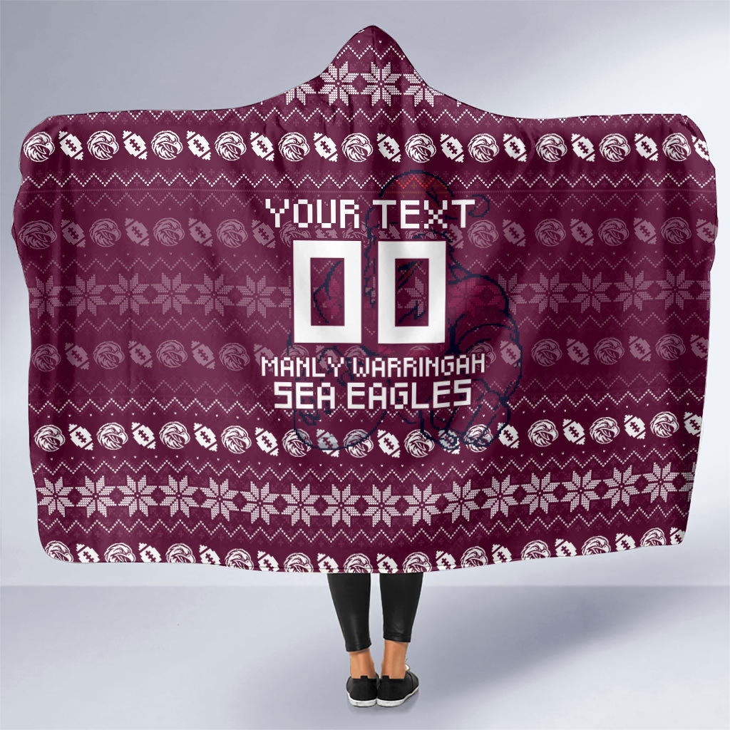 Personalized Sea Eagles Christmas Hooded Blanket Australian Rugby Fans - Pixelated Ugly Xmas Pattern Mascot Santa