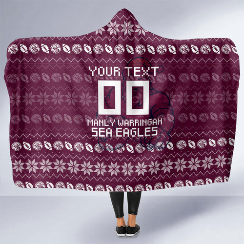 Personalized Sea Eagles Christmas Hooded Blanket Australian Rugby Fans - Pixelated Ugly Xmas Pattern Mascot Santa