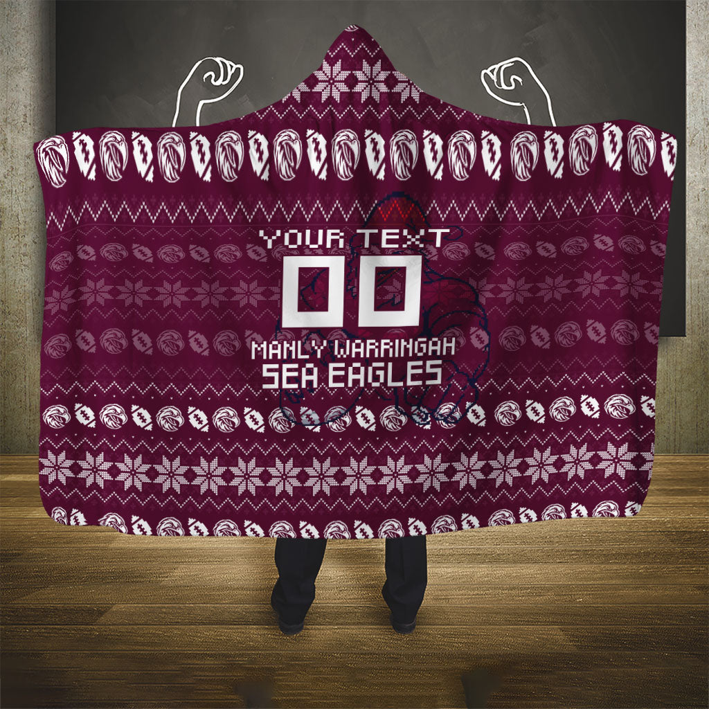 Personalized Sea Eagles Christmas Hooded Blanket Australian Rugby Fans - Pixelated Ugly Xmas Pattern Mascot Santa