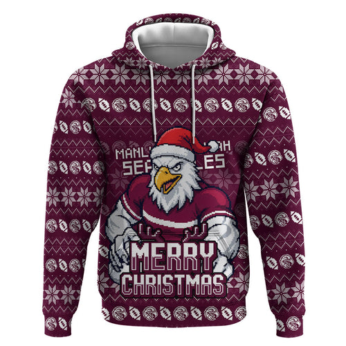 Personalized Sea Eagles Christmas Hoodie Australian Rugby Fans - Pixelated Ugly Xmas Pattern Mascot Santa