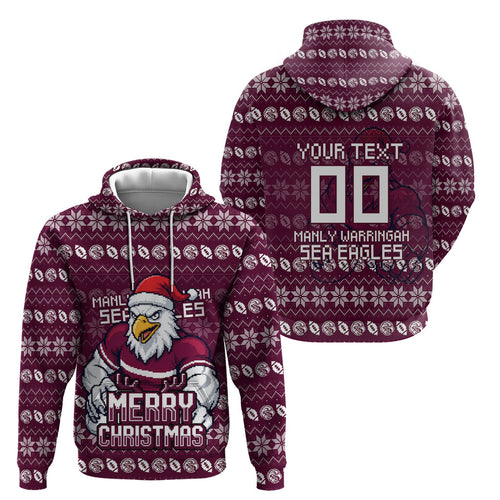 Personalized Sea Eagles Christmas Hoodie Australian Rugby Fans - Pixelated Ugly Xmas Pattern Mascot Santa