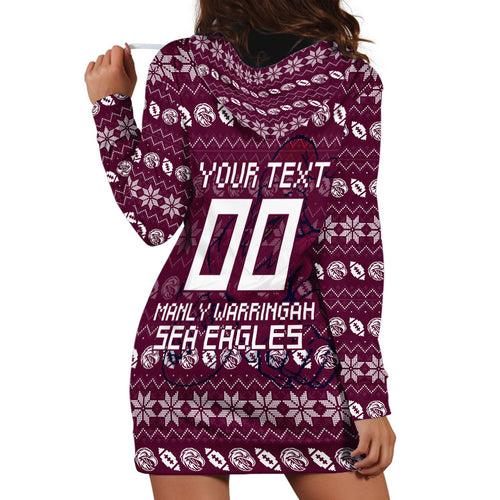 Personalized Sea Eagles Christmas Hoodie Dress Australian Rugby Fans - Pixelated Ugly Xmas Pattern Mascot Santa