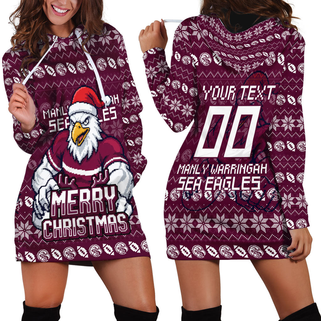 Personalized Sea Eagles Christmas Hoodie Dress Australian Rugby Fans - Pixelated Ugly Xmas Pattern Mascot Santa