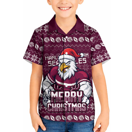 Personalized Sea Eagles Christmas Kid Hawaiian Shirt Australian Rugby Fans - Pixelated Ugly Xmas Pattern Mascot Santa