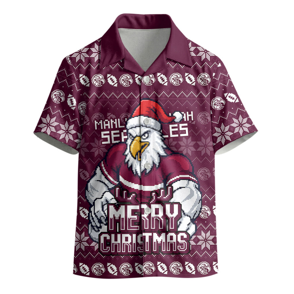 Personalized Sea Eagles Christmas Kid Hawaiian Shirt Australian Rugby Fans - Pixelated Ugly Xmas Pattern Mascot Santa