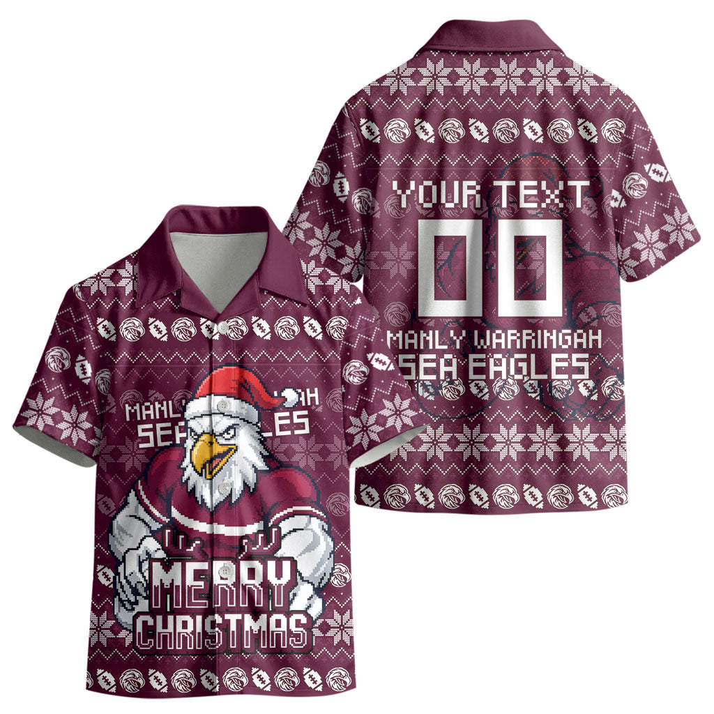 Personalized Sea Eagles Christmas Kid Hawaiian Shirt Australian Rugby Fans - Pixelated Ugly Xmas Pattern Mascot Santa