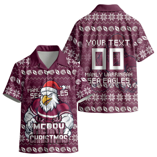 Personalized Sea Eagles Christmas Kid Hawaiian Shirt Australian Rugby Fans - Pixelated Ugly Xmas Pattern Mascot Santa