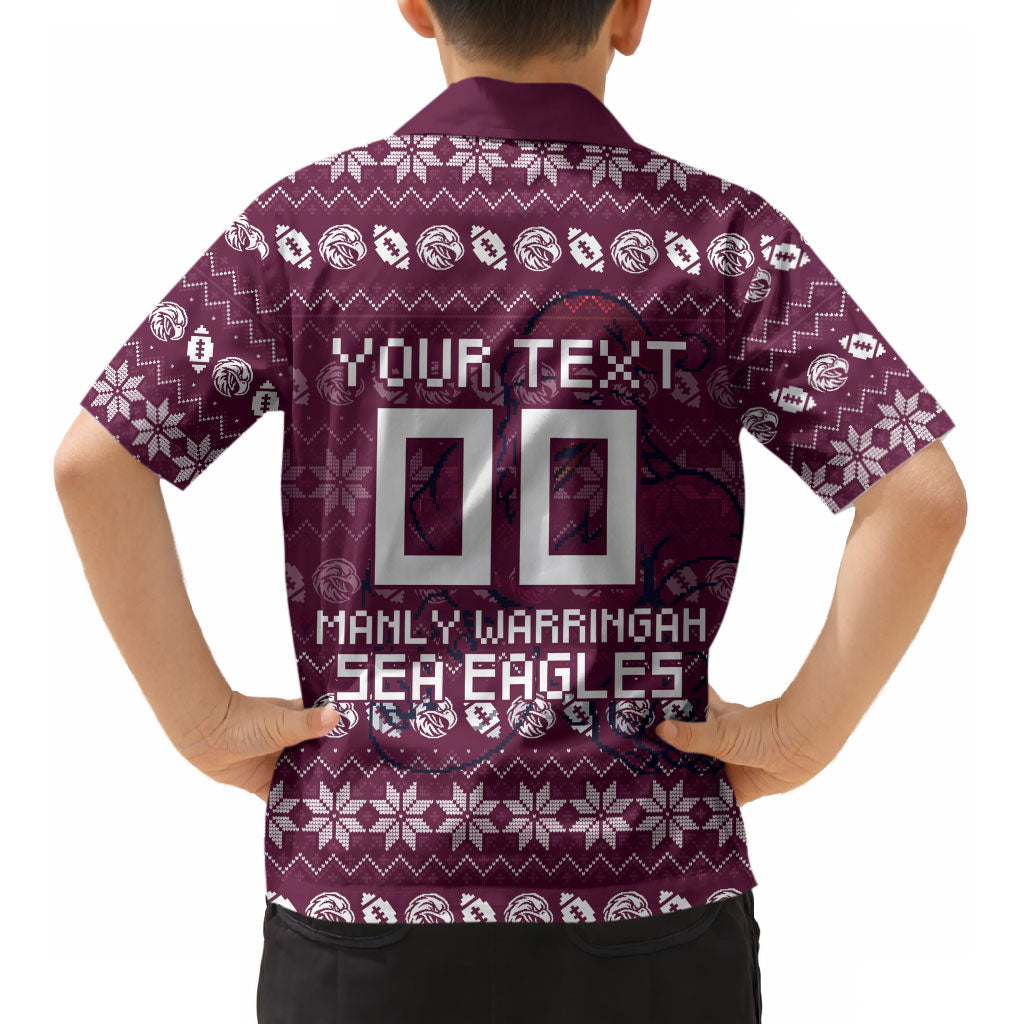 Personalized Sea Eagles Christmas Kid Hawaiian Shirt Australian Rugby Fans - Pixelated Ugly Xmas Pattern Mascot Santa