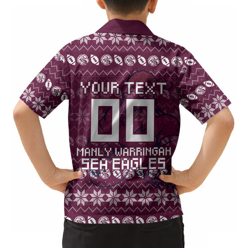 Personalized Sea Eagles Christmas Kid Hawaiian Shirt Australian Rugby Fans - Pixelated Ugly Xmas Pattern Mascot Santa