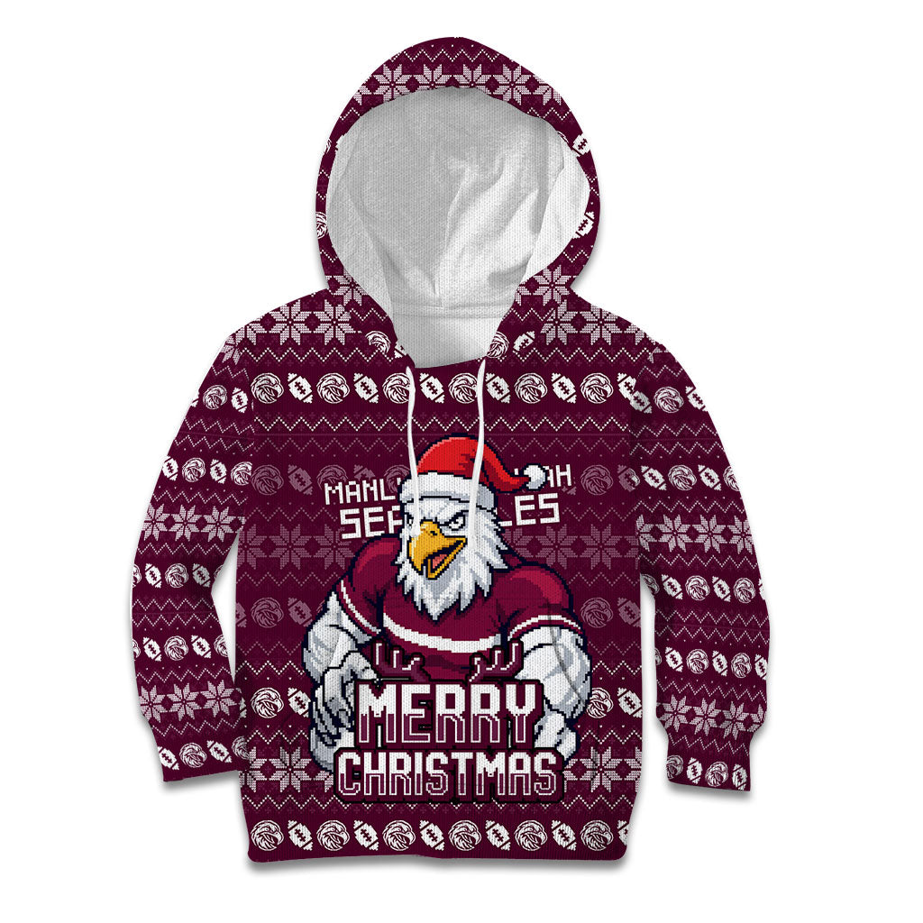 Personalized Sea Eagles Christmas Kid Hoodie Australian Rugby Fans - Pixelated Ugly Xmas Pattern Mascot Santa
