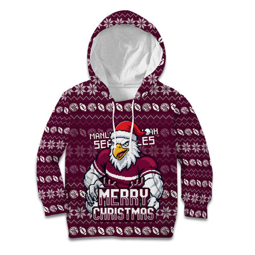 Personalized Sea Eagles Christmas Kid Hoodie Australian Rugby Fans - Pixelated Ugly Xmas Pattern Mascot Santa