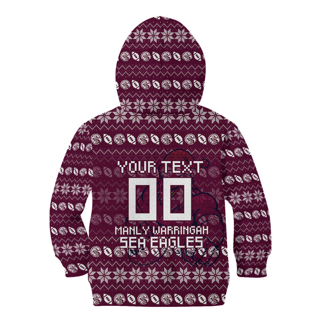 Personalized Sea Eagles Christmas Kid Hoodie Australian Rugby Fans - Pixelated Ugly Xmas Pattern Mascot Santa