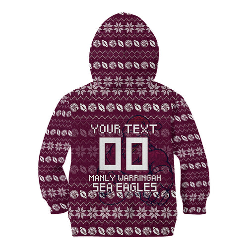 Personalized Sea Eagles Christmas Kid Hoodie Australian Rugby Fans - Pixelated Ugly Xmas Pattern Mascot Santa
