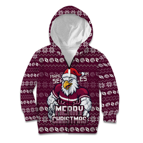 Personalized Sea Eagles Christmas Kid Hoodie Australian Rugby Fans - Pixelated Ugly Xmas Pattern Mascot Santa