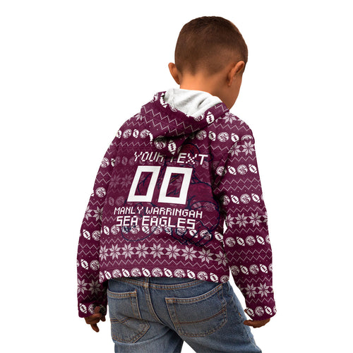Personalized Sea Eagles Christmas Kid Hoodie Australian Rugby Fans - Pixelated Ugly Xmas Pattern Mascot Santa