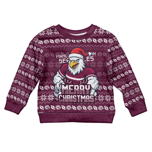Personalized Sea Eagles Christmas Kid Ugly Christmas Sweater Australian Rugby Fans - Pixelated Ugly Xmas Pattern Mascot Santa