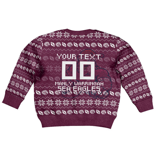 Personalized Sea Eagles Christmas Kid Ugly Christmas Sweater Australian Rugby Fans - Pixelated Ugly Xmas Pattern Mascot Santa