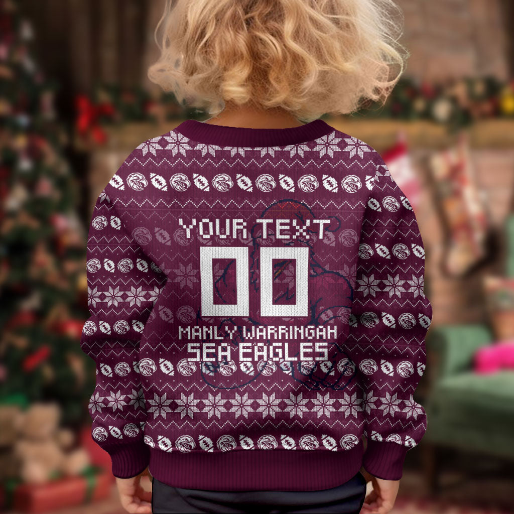 Personalized Sea Eagles Christmas Kid Ugly Christmas Sweater Australian Rugby Fans - Pixelated Ugly Xmas Pattern Mascot Santa