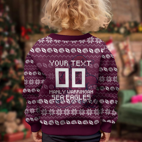 Personalized Sea Eagles Christmas Kid Ugly Christmas Sweater Australian Rugby Fans - Pixelated Ugly Xmas Pattern Mascot Santa
