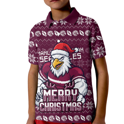 Personalized Sea Eagles Christmas Kid Polo Shirt Australian Rugby Fans - Pixelated Ugly Xmas Pattern Mascot Santa