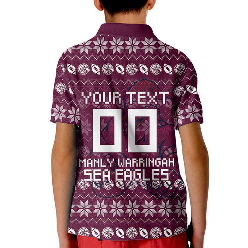 Personalized Sea Eagles Christmas Kid Polo Shirt Australian Rugby Fans - Pixelated Ugly Xmas Pattern Mascot Santa